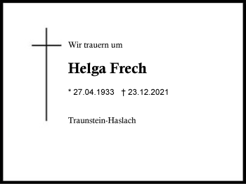 Traueranzeige von Helga Frech von Region Chiemgau