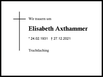 Traueranzeige von Elisabeth Axthammer von Region Traunstein