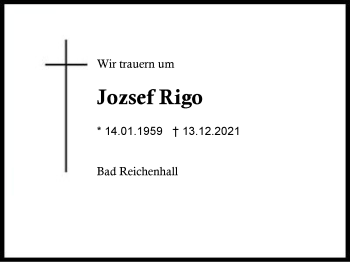 Traueranzeige von Jozsef Rigo von Region Berchtesgadener Land