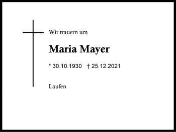 Traueranzeige von Maria Mayer von Region Traunstein