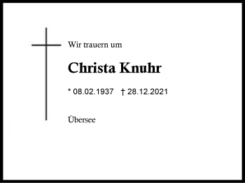 Traueranzeige von Christa Knuhr von Region Chiemgau