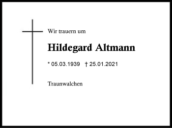 Traueranzeige von Hildegard Altmann von Region Berchtesgadener Land