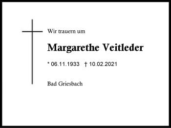 Traueranzeige von Margarethe Veitleder von Region Berchtesgadener Land