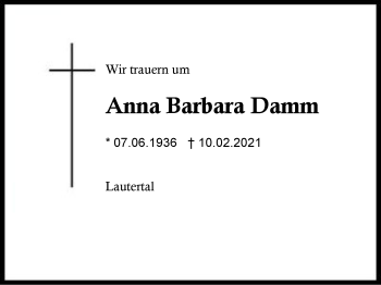 Traueranzeige von Anna Barbara Damm von Region Berchtesgadener Land