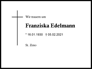 Traueranzeige von Franziska Edelmann von Region Berchtesgadener Land