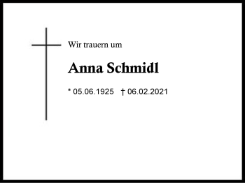 Traueranzeige von Anna Schmidl von Region Berchtesgadener Land