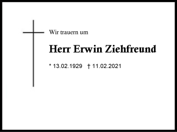 Traueranzeige von Erwin Ziehfreund von Region Berchtesgadener Land