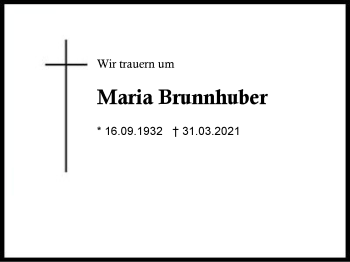 Traueranzeige von Maria  Brunnhuber von Region Berchtesgadener Land