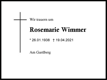 Traueranzeige von Rosemarie Wimmer von Region Berchtesgadener Land
