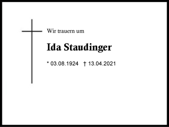 Traueranzeige von Ida Staudinger von Region Berchtesgadener Land