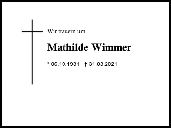 Traueranzeige von Mathilde  Wimmer von Region Berchtesgadener Land