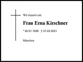 Traueranzeige von Erna Kirschner von Region Berchtesgadener Land