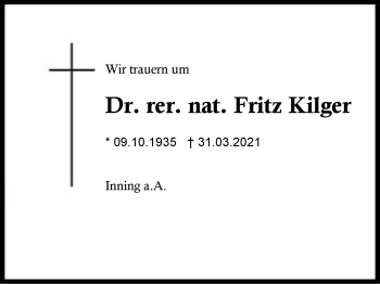 Traueranzeige von Fritz Kilger von Region Berchtesgadener Land