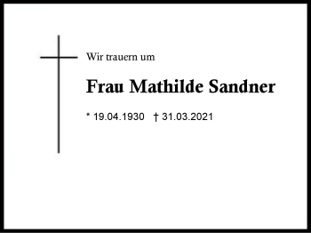 Traueranzeige von Mathilde Sandner von Region Berchtesgadener Land