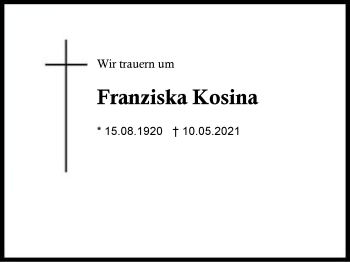 Traueranzeige von Franziska Kosina von Region Berchtesgadener Land