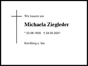 Traueranzeige von Michaela Ziegleder von Region Berchtesgadener Land
