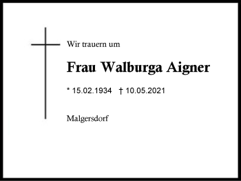 Traueranzeige von Walburga Aigner von Region Berchtesgadener Land