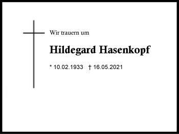 Traueranzeige von Hildegard Hasenkopf von Region Berchtesgadener Land
