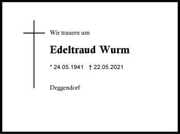 Traueranzeige von Edeltraud Wurm von Region Berchtesgadener Land