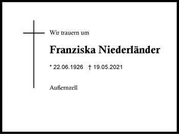 Traueranzeige von Franziska Niederländer von Region Berchtesgadener Land