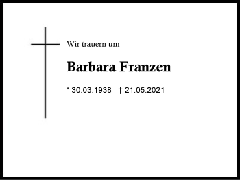 Traueranzeige von Barbara Franzen von Region Berchtesgadener Land
