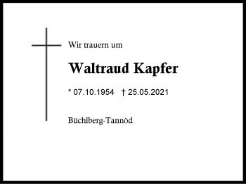 Traueranzeige von Waltraud Kapfer von Region Berchtesgadener Land