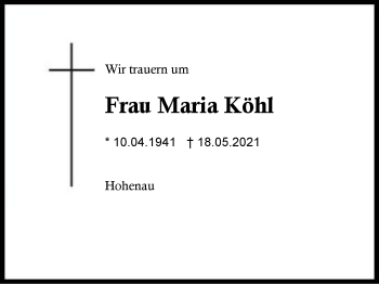 Traueranzeige von Maria Köhl von Region Berchtesgadener Land
