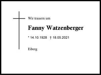 Traueranzeige von Fanny  Watzenberger von Region Berchtesgadener Land
