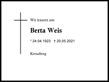 Traueranzeige von Berta Weis von Region Berchtesgadener Land