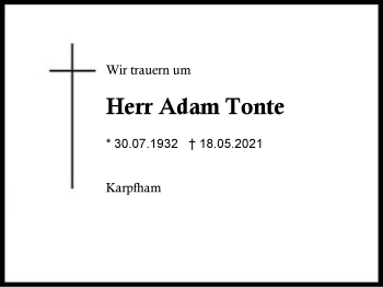 Traueranzeige von Adam Tonte von Region Berchtesgadener Land
