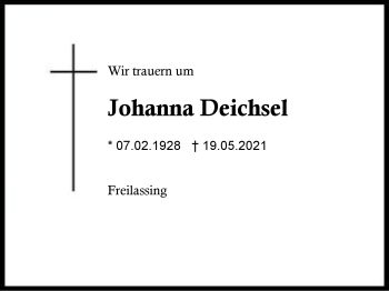 Traueranzeige von Johanna Deichsel von Region Berchtesgadener Land