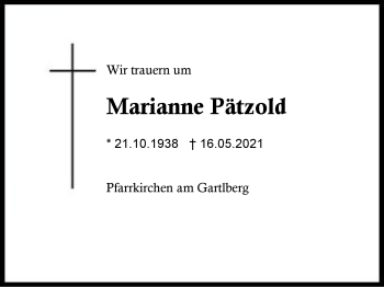 Traueranzeige von Marianne Pätzold von Region Berchtesgadener Land