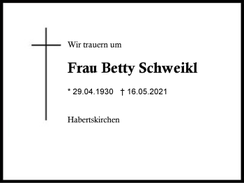 Traueranzeige von Betty Schweikl von Region Berchtesgadener Land