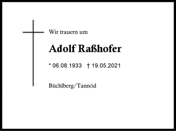 Traueranzeige von Adolf Raßhofer von Region Berchtesgadener Land