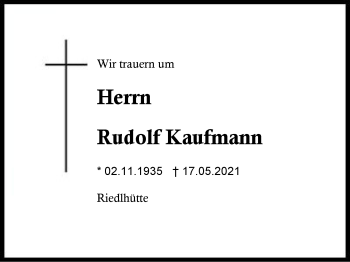 Traueranzeige von Rudolf Kaufmann von Region Berchtesgadener Land