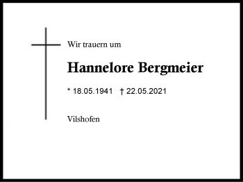 Traueranzeige von Hannelore Bergmeier von Region Berchtesgadener Land