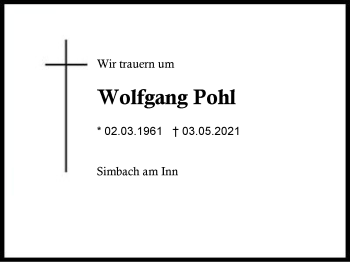 Traueranzeige von Wolfgang Pohl von Region Berchtesgadener Land