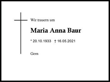 Traueranzeige von Maria Anna Baur von Region Berchtesgadener Land