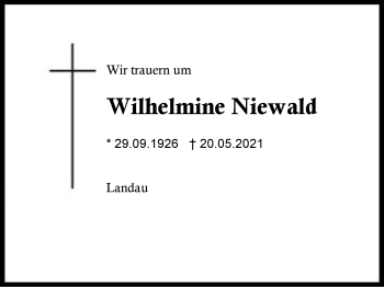 Traueranzeige von Wilhelmine Niewald von Region Berchtesgadener Land