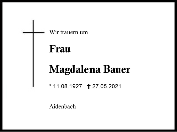 Traueranzeige von Magdalena Bauer von Region Berchtesgadener Land