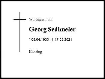 Traueranzeige von Georg Sedlmeier von Region Berchtesgadener Land
