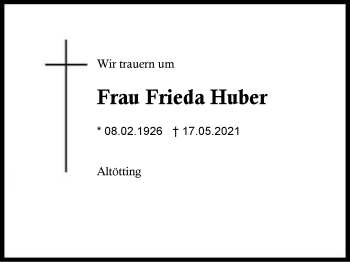 Traueranzeige von Frieda Huber von Region Berchtesgadener Land