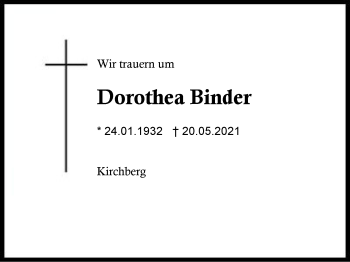 Traueranzeige von Dorothea Binder von Region Berchtesgadener Land