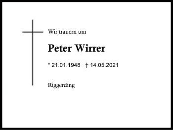 Traueranzeige von Peter Wirrer von Region Berchtesgadener Land