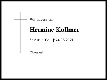 Traueranzeige von Hermine Kollmer von Region Berchtesgadener Land