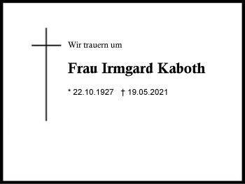 Traueranzeige von Irmgard Kaboth von Region Berchtesgadener Land