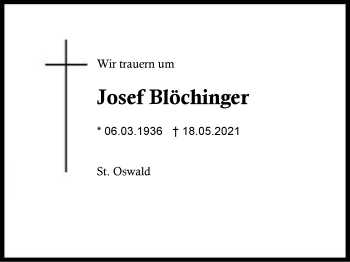Traueranzeige von Josef Blöchinger von Region Berchtesgadener Land