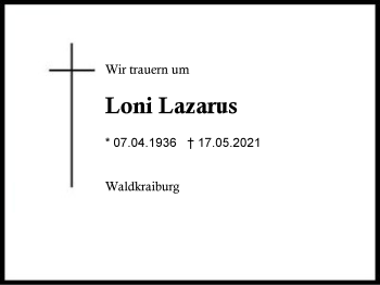 Traueranzeige von Loni Lazarus von Region Berchtesgadener Land