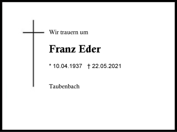 Traueranzeige von Franz Eder von Region Berchtesgadener Land