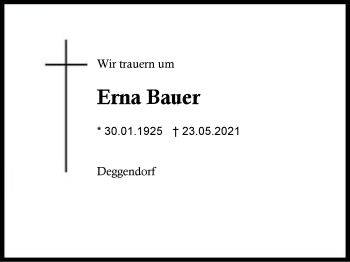 Traueranzeige von Erna Bauer von Region Berchtesgadener Land